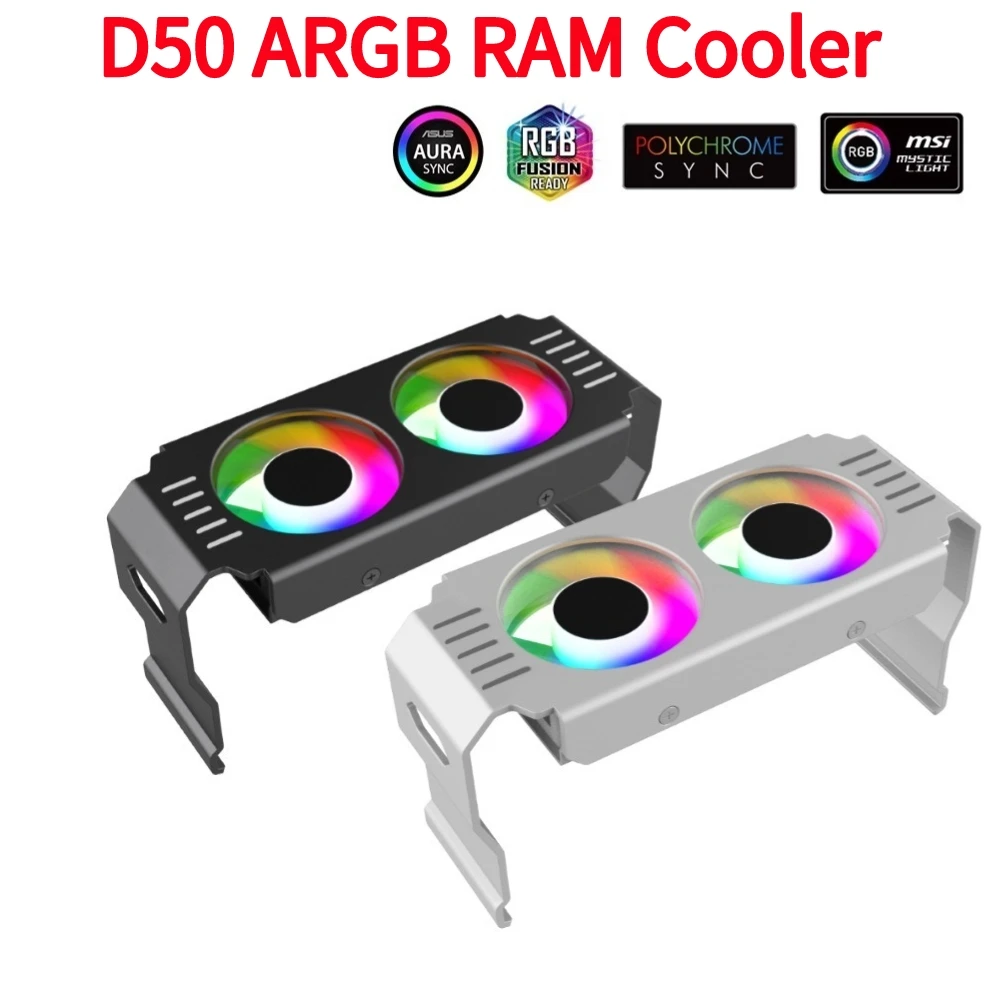 

D50 RAM Cooler DDR4 DDR5 Cooling 1000-4500+RPM with Dual 120mm Fan 4Pin PWM/5V 3Pin ARGB Sync RGB Cooling Radiator