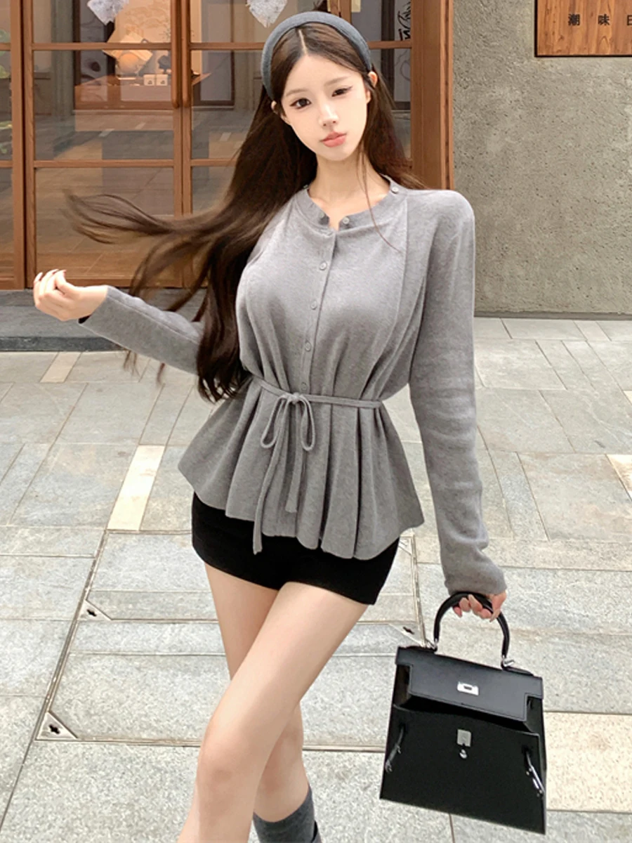 Korean Style Casual Knitted Pure Color Wrap Sweater Women's Fashionable Simple Design Belted Top Suitable for All Seasons