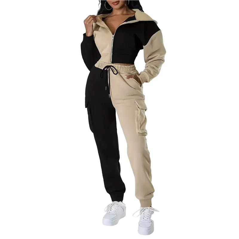 

Женский комплект CYL-Cnbntu с цветовыми блоками: укороченная куртка с капюшоном на молнии и брюки-карго с высокой талией