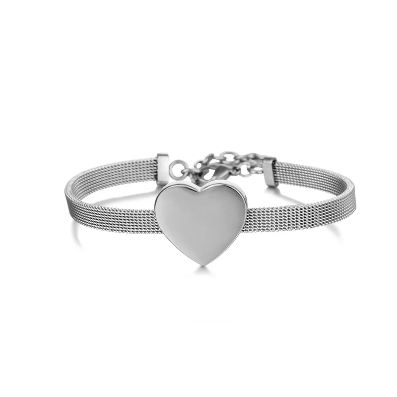 Stainless Steel Heart Bracelet Blank To Record Metal Heart Charm Bracelets Blank For Engraving Mirror Polished Wholesale 5pcs