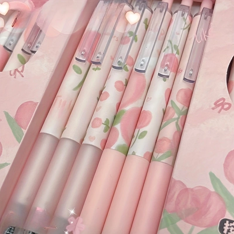 

6шт гелевые ручки с цветочным принтом, выдвижные черные чернила диаметром 0,5 мм | Милый кавайный дизайн, идеально подходит для офиса, школы и праздничных подарков (Рождество, N