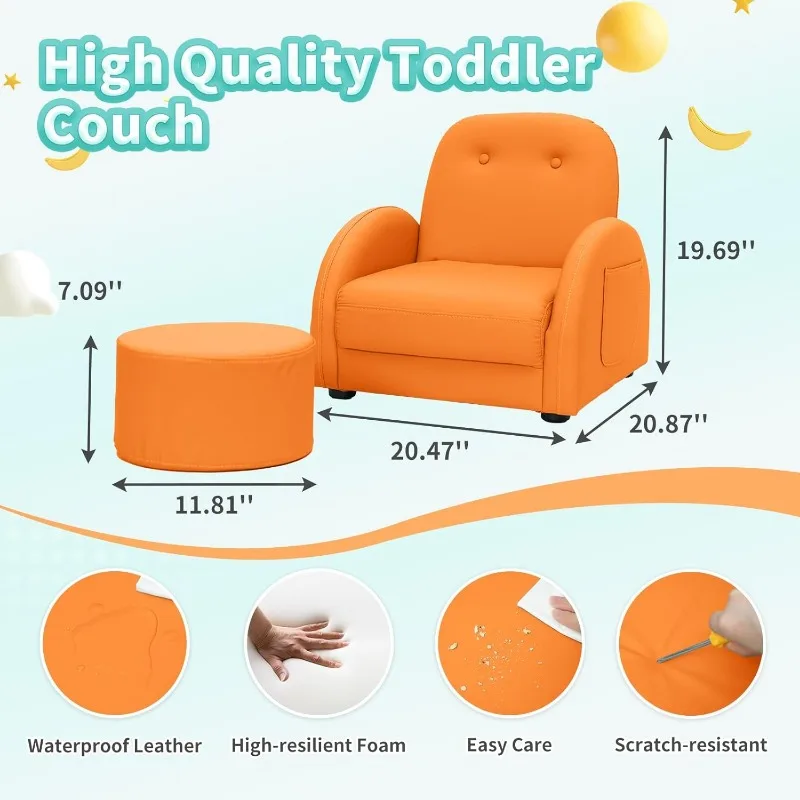 Kids Couch, Toddler Chair with Ottoman, Toddler Couch with 5 Adjustable Backrests, Leatherette Sofa Chair is Waterproof