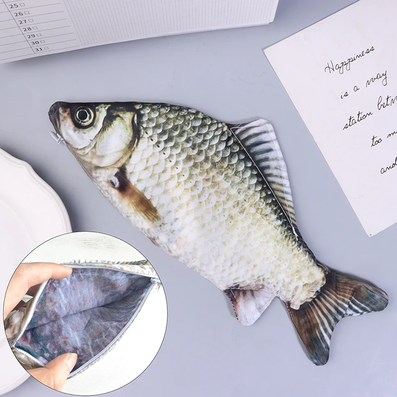 Crucian Carp Pen Bag com forma de peixe realista, bolsa de maquiagem, estojo com zíper, volta às aulas