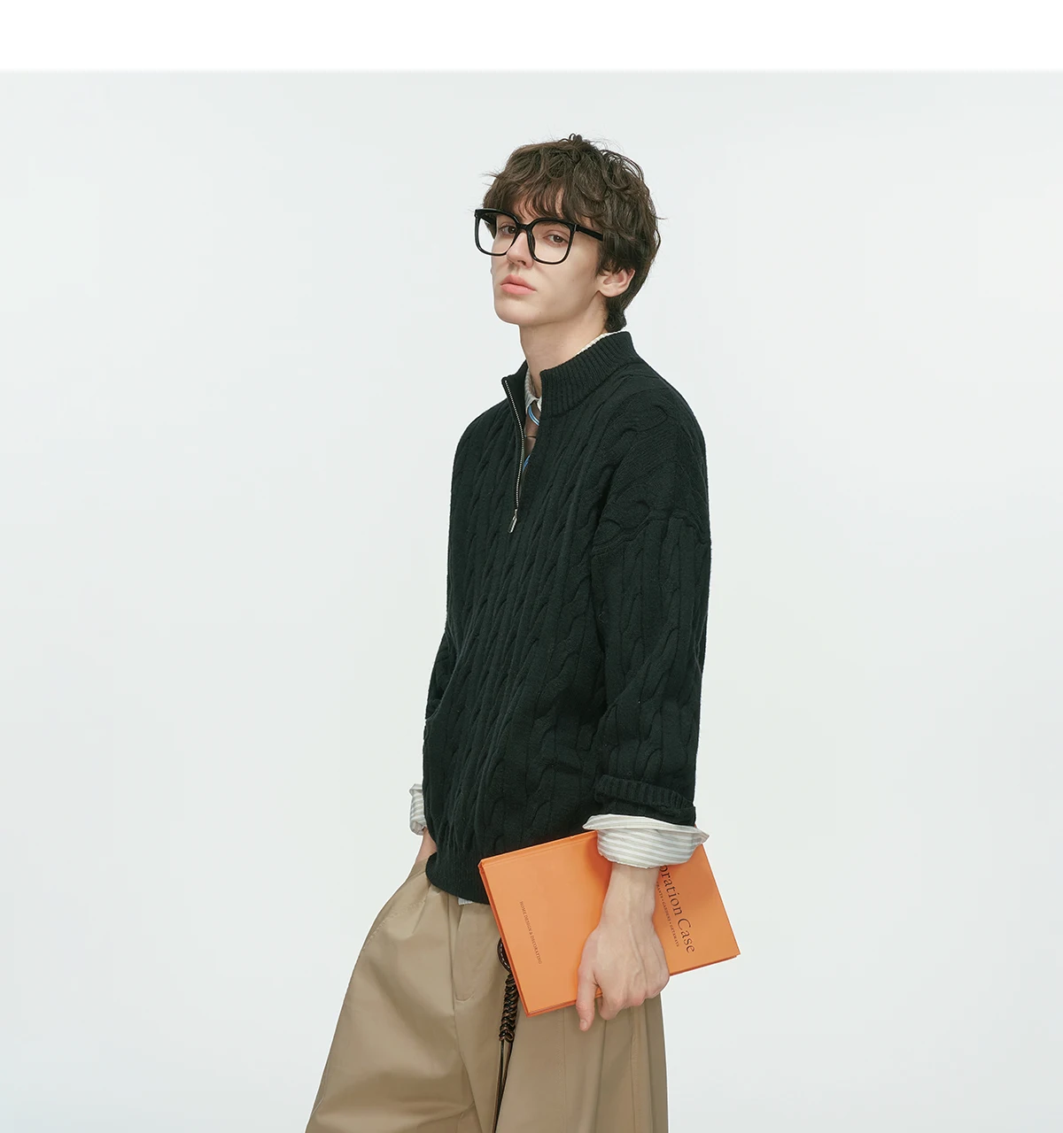 2025 Autumn Winter New Half-Zip Cable Knit Gray Black Sweater Men's Loose Casual Khaki Coffee Color Long Sleeve Knitwear