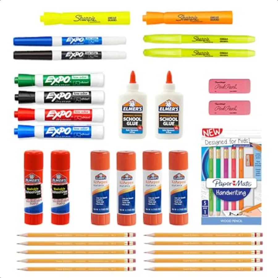 

School plies Variety Pack My First All in One Pack Expo Paper Mate Elmers Glue Sticks Pourable Glue Pencils Dry Erase Markers H