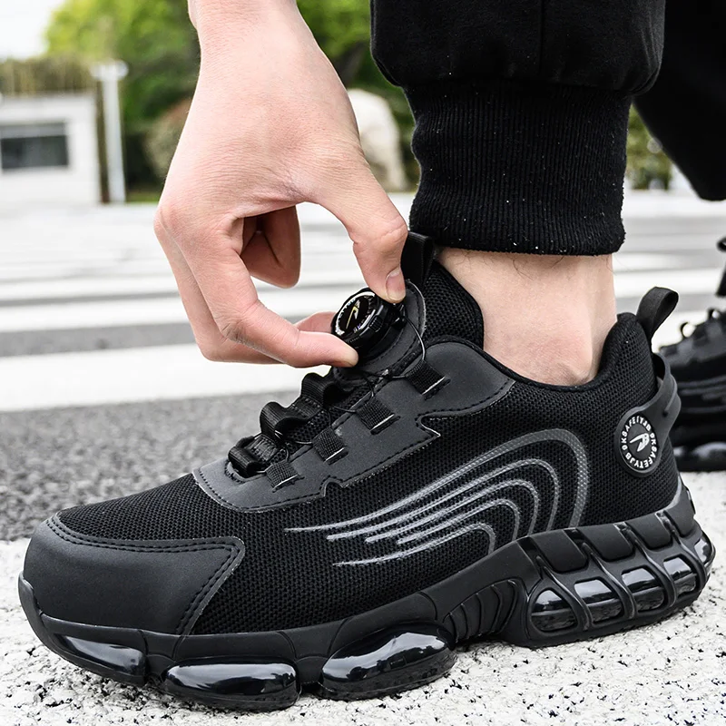 Men Steel Toe Work Sneakers Indestructible Shoes Rotating Button Safety Shoes Puncture-Proof Work Boots Air Cushion Safety Shoes