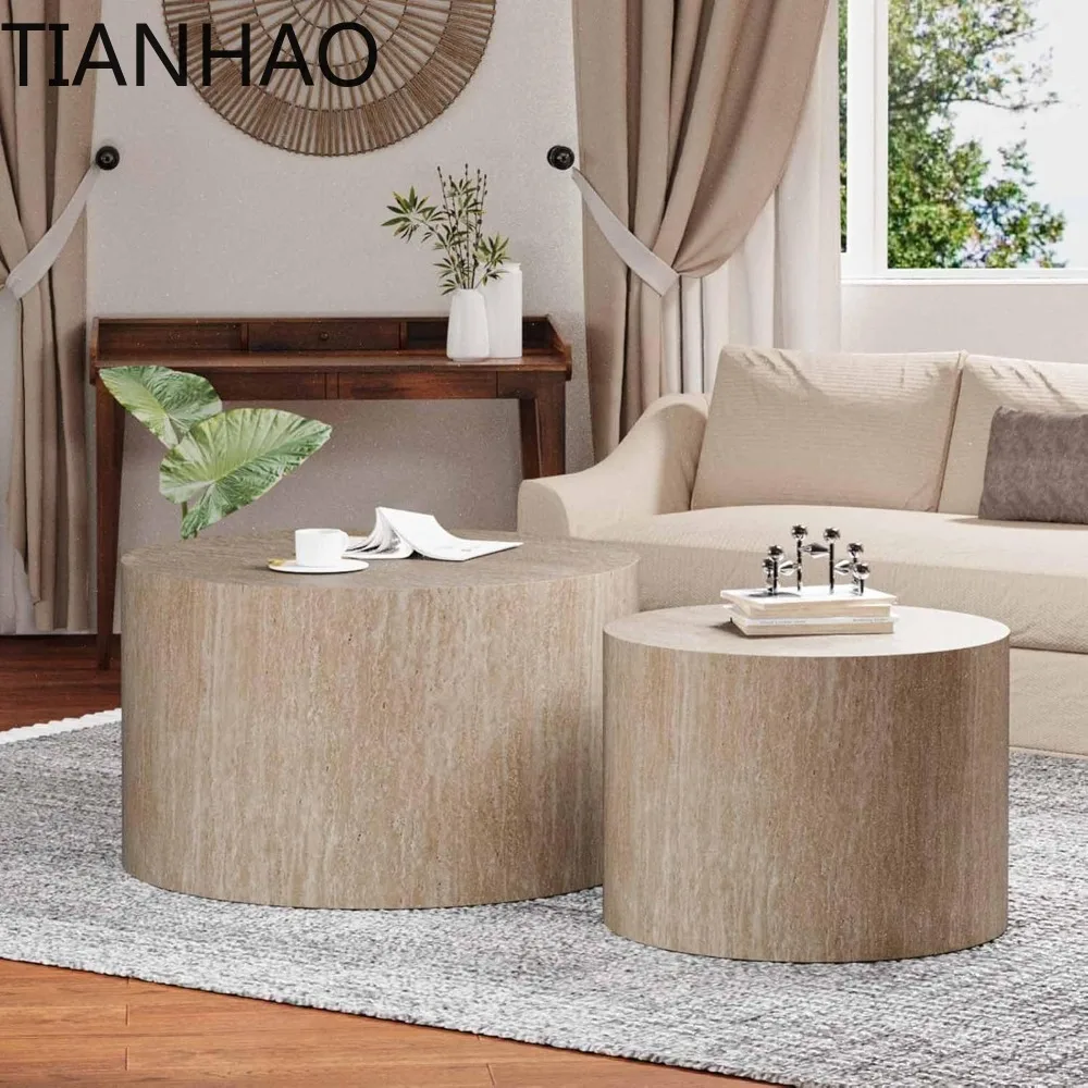 Modern Round Nesting Coffee Table Set of 2, Vertical Stripe Design Drum Coffee Table Cocktail Table, Round Side Table