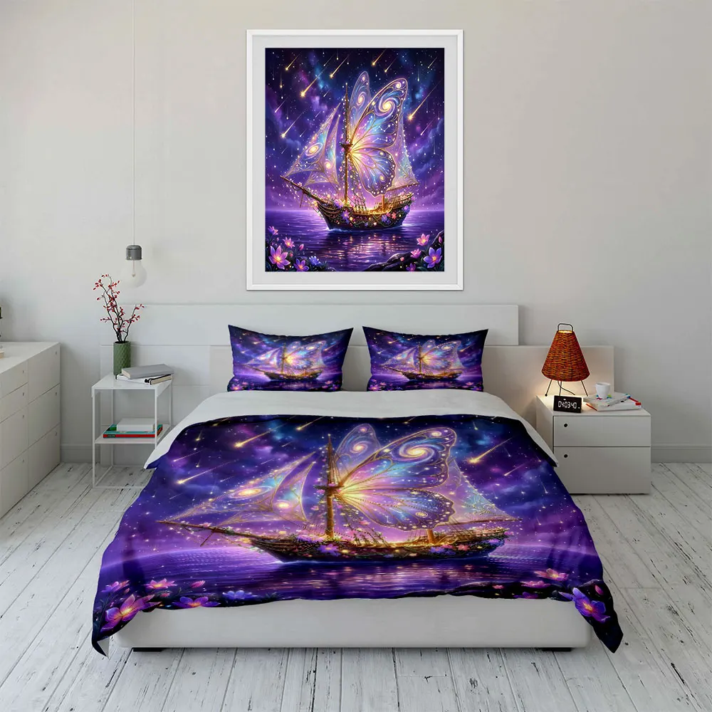 Dreamy butterfly-winged ship night scenery Print Soft Comfortable Duvet Cover Bedding Set Included 1*Duvet Cover  2*Pillowcases
