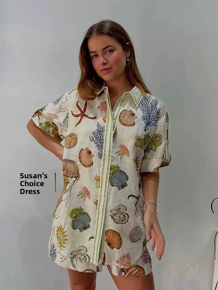 

Susan Summer Holiday Ocean Print Linen Loose irt Комплект orts с высокой талией Женский повседневный комплект с обычным воротником све irt