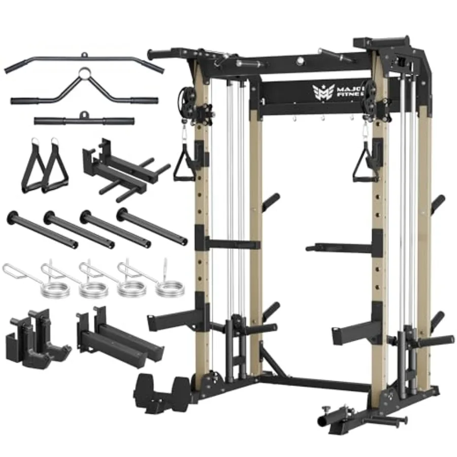 

Home gym strength training: heavy-duty steel power rack in black, 1600lbs capacity, dual pulley system, integrated attachments