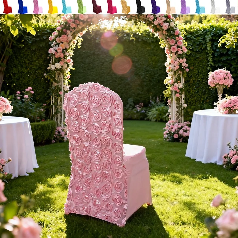 3D Universal Elastic Chair Cover Rose Embroidery Design for Wedding Banquet Hotel Party Universal Fit Luxury Decorative Cover
