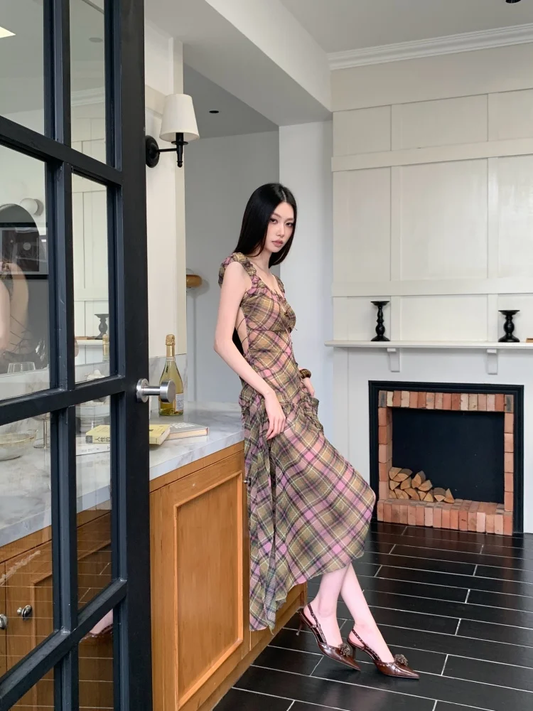 Summer Plaid Chiffon Chic Backless Sexy Sling Dress Women Elegant Bandage Casual Dress 2026 Korean Bodycon Luxury Evening Dress