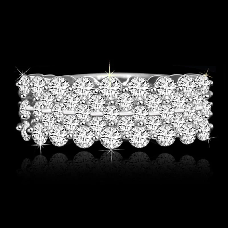 Women's Elegant Double-Row Full-Diamond Round AAA Zirconia 925 Sterling Silver Engagement Ring Fashion Jewelry