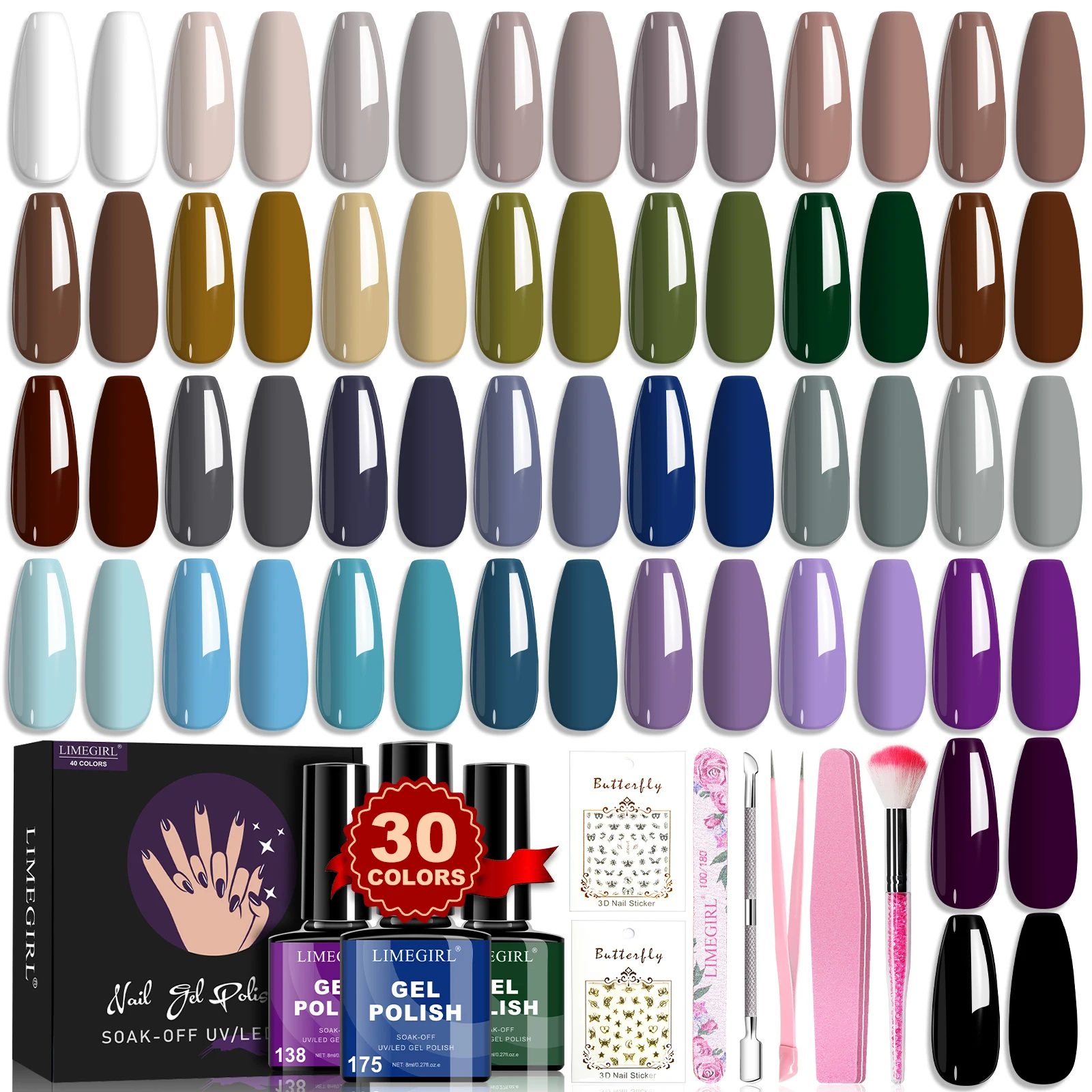LIMEGIRL 30 pièces Kit de vernis à ongles Gel paillettes Nail Art Gel peinture à ongles tremper UV Gel de polissage pour débutants Nail Art bricolage ensemble