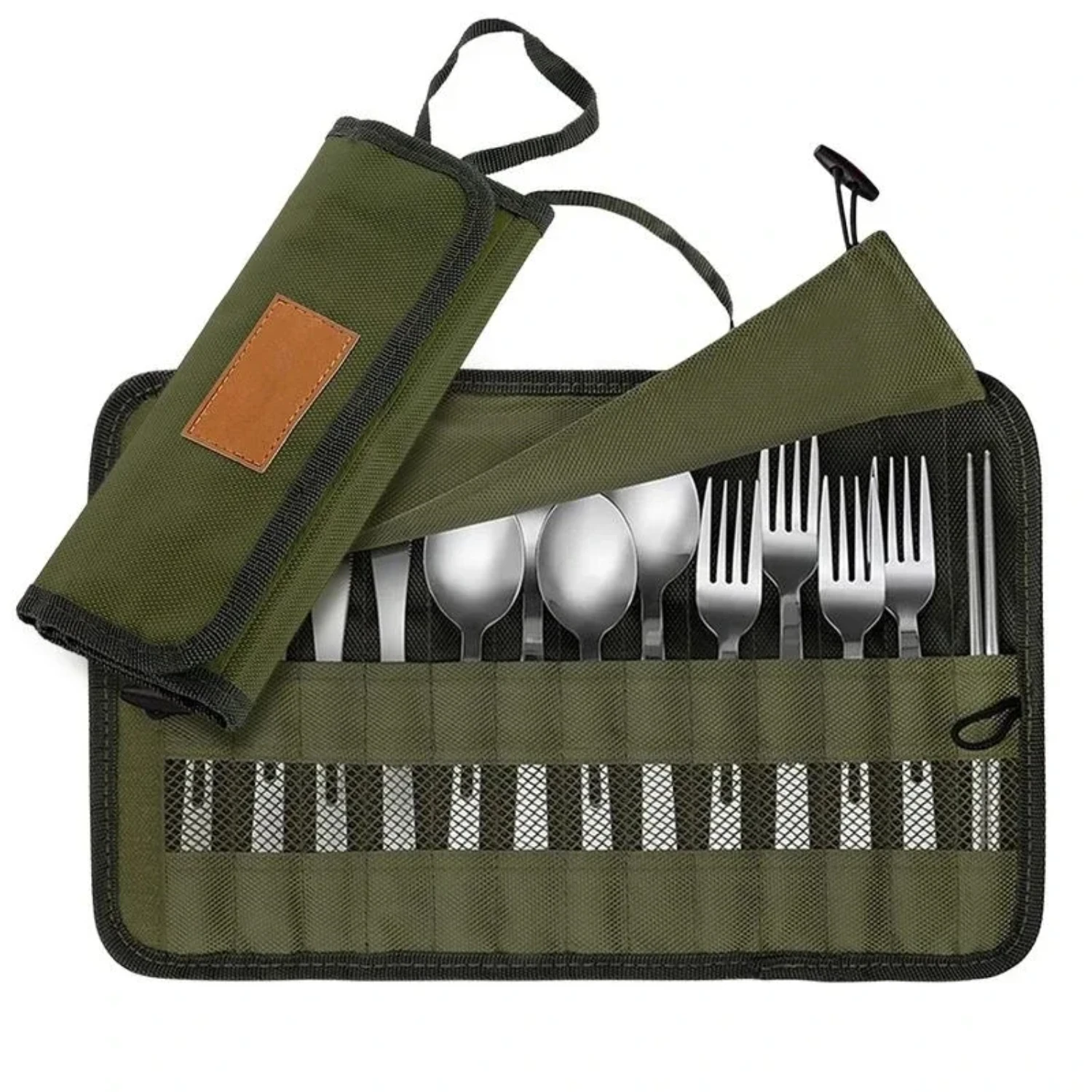 

Convenient, portable, and essential outdoor camping cutlery bag with water-resistant roll pouch case - includes forks, spoons, a