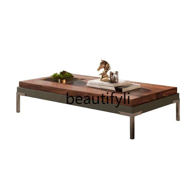 

Italian light luxury retro style living room tea table walnut leather long coffee table square coffee table