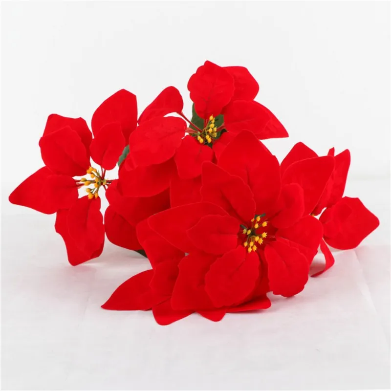 1pcs Real Touch Flannel Artificial Big Red Flowers Head Bouquet Christmas Red Poinsettia Bushes Bouquets Christmas Tree Ornament