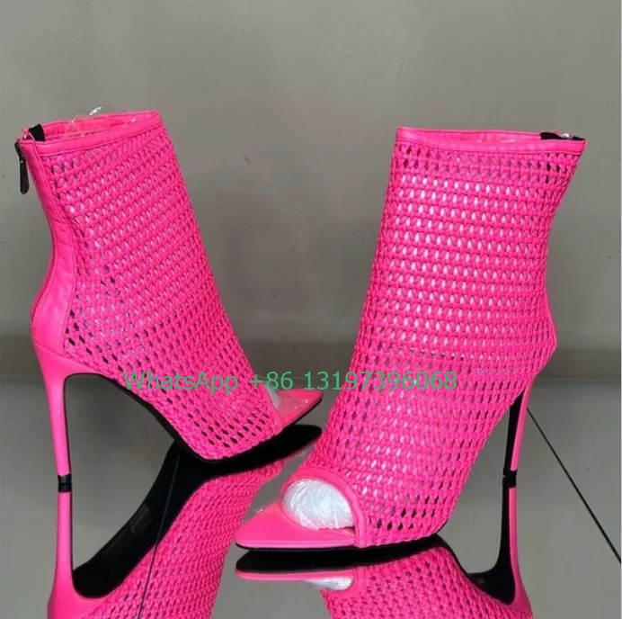 

Lady hot pink weave heels boots hollow design mesh peep toe ankle boots back zip stiletto heel dress party boots footwear size