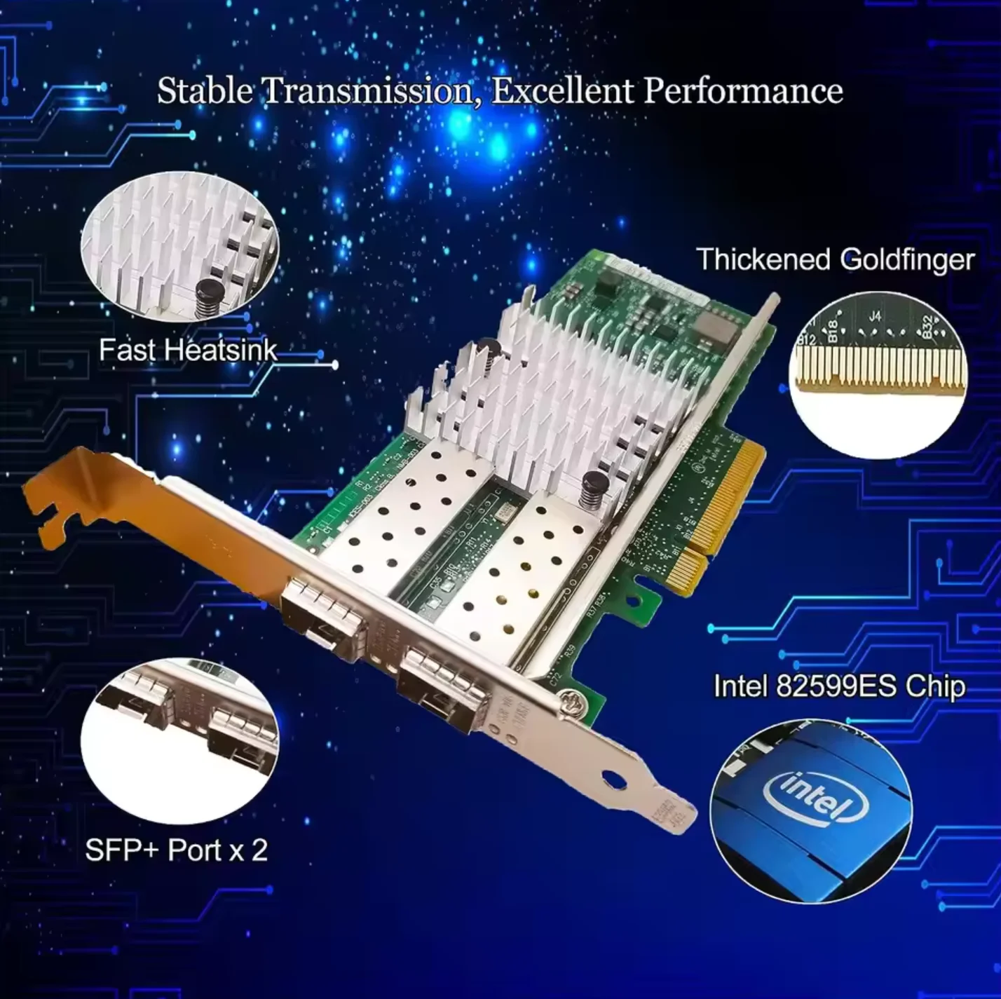 بطاقة شبكة Intel X520-DA2 10 جيجا بايت SFP+ PCI-E NIC، مع شريحة Intel 82599ES، منفذ SFP+ المزدوج، PCI Express X8، Ethernet