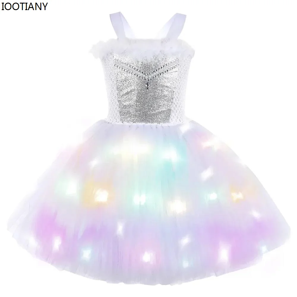 

New Style Girls White Swan Dress Led Light Angel Costume Kids White Tulle Ballet Tutu With Wings Halloween Fairy Cosplay Outfits