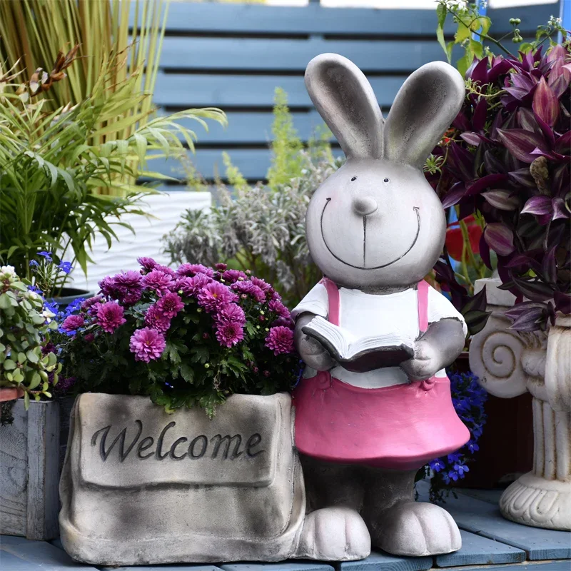 

Cartoon Rabbit Book-Lover Planter Courtyard and Balcony Decorative Pot Resin Garden Statue Homestay Welcome Sign Ornament