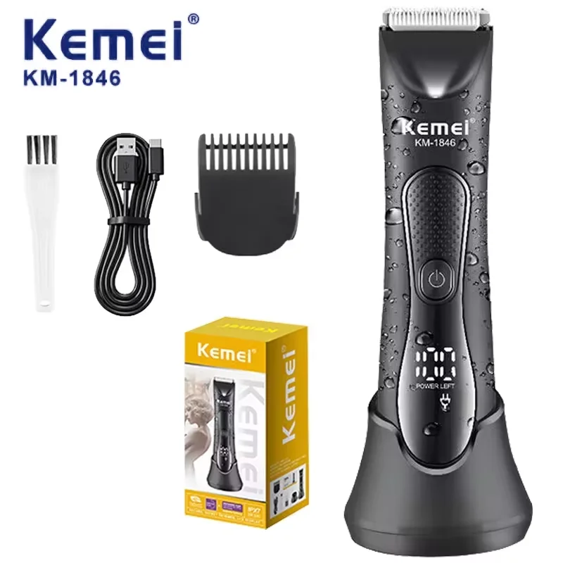 Kemei KM-1846 IPX7 Waterproof Hair Trimmer Private Area Hair Remover Electric Hair Shaving Machine LED Display Bikini Shaver