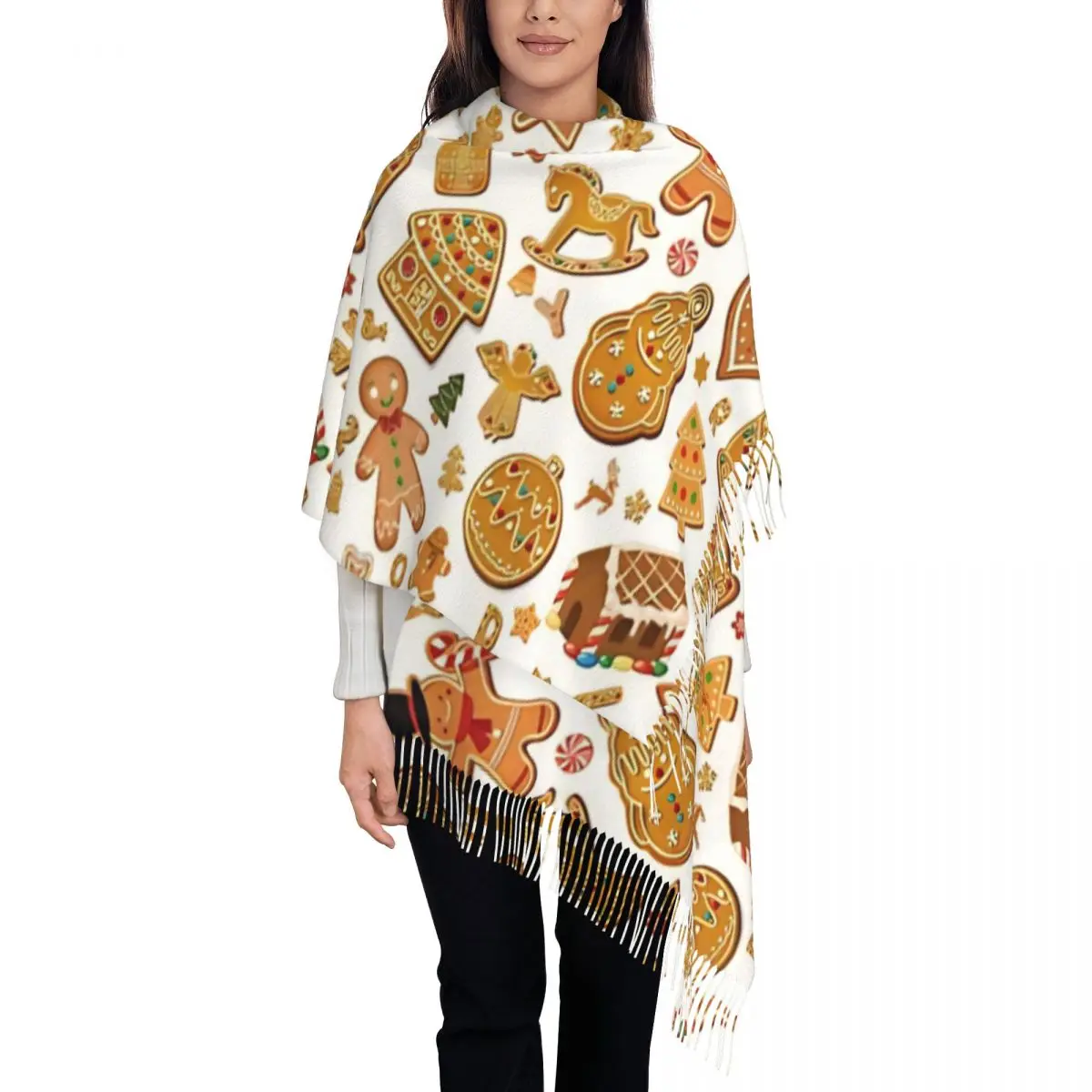 Scarf with Tassel Festive Gingerbreads Wonderland Large Winter Warm Shawl and Wrap Christmas Gingerbread Gifts Pashmina Scarves