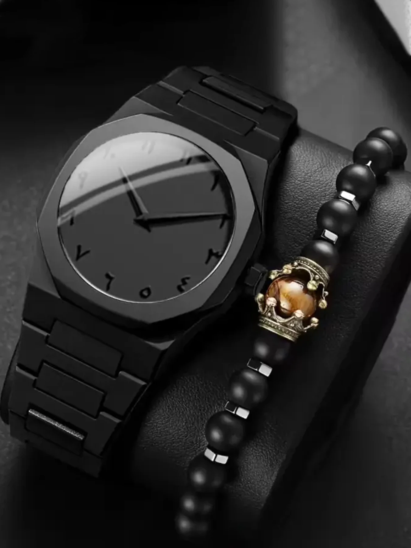 Dark Tone Minimal Watch with Vintage Crown Tiger Eye Bead Bracelet Gift Set