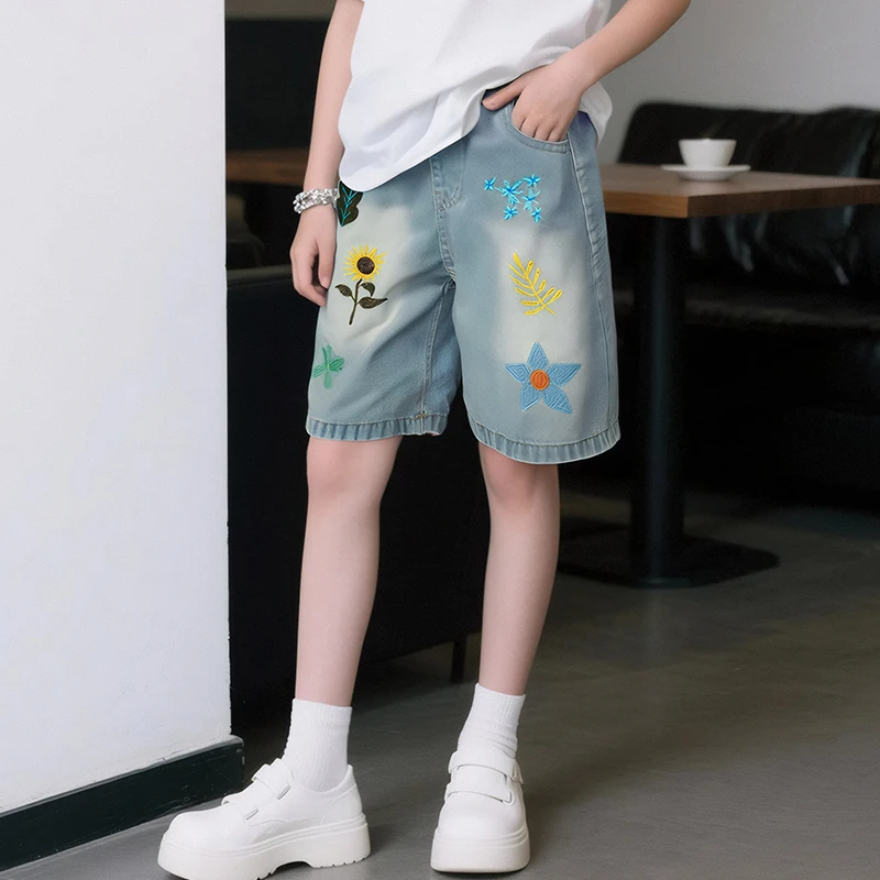 Big Kids Knee-Length Denim Shorts with Embroidery for Teens Girl Fashion Jeans Shorts Summer Capris 6 7 8 9 10 11 12 13 14 Years