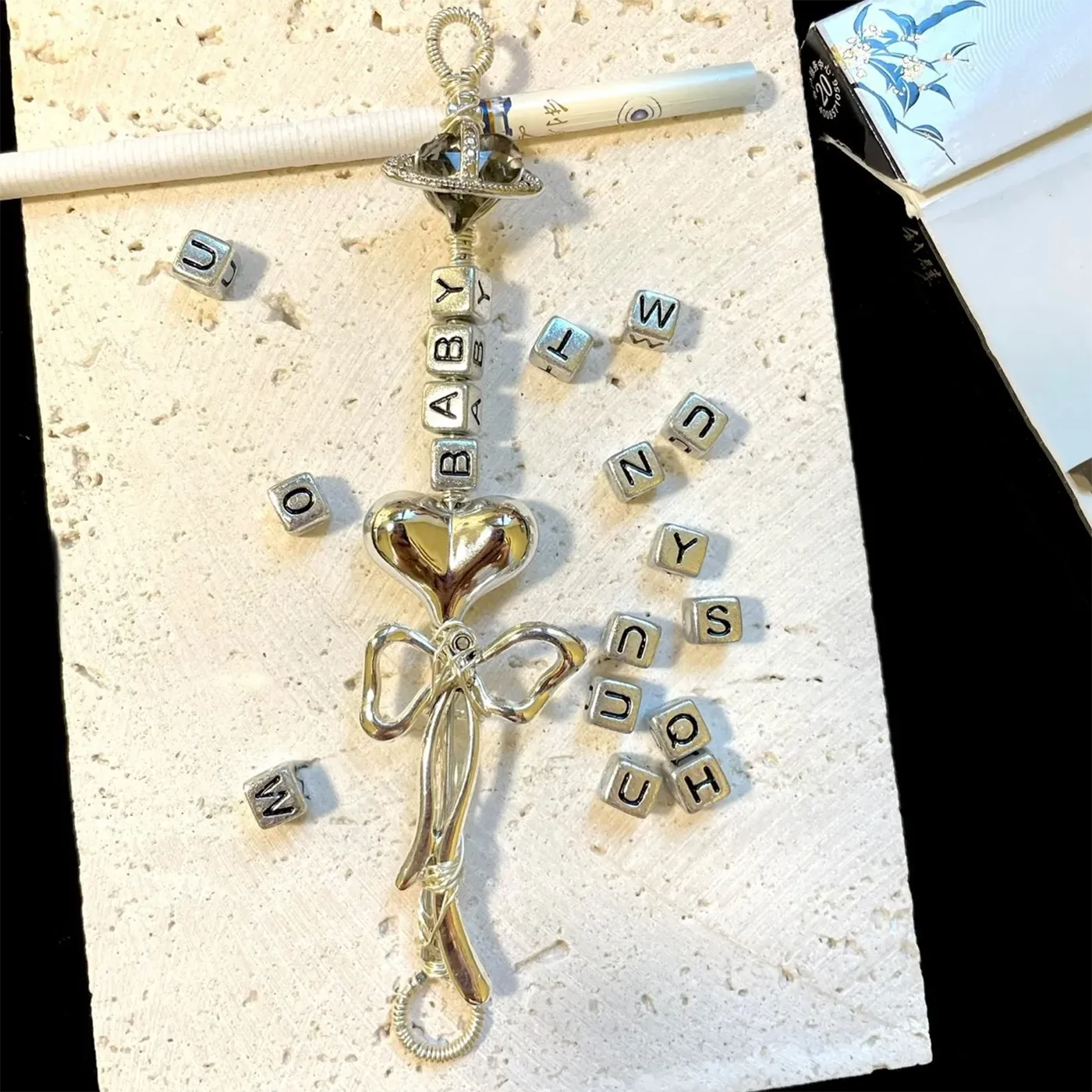 Custom Name 4 Letter Alphabet Beads Handmade Silver Saturn Orb Heart Bow Wire Wrapped Ring Vintage Y2K Coquette Finger Clip Wand