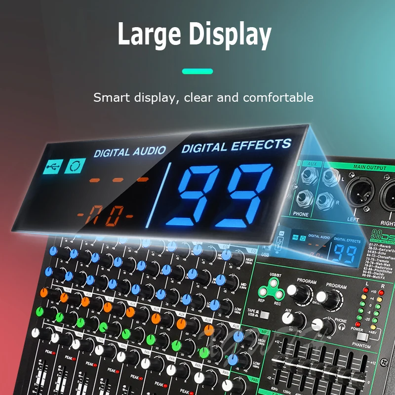 Портативный 8-канальный микшер, звуковая микшерная консоль с Bluetooth 48 В, фантомное питание 99, цифровой ревербератор, сценическое оборудование для диджея