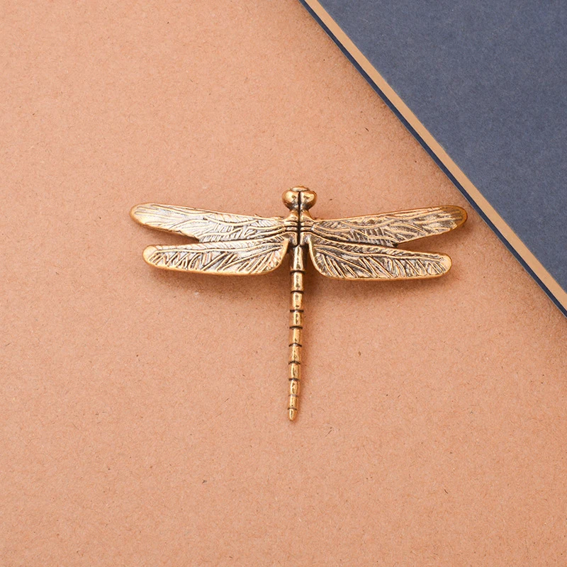 Antique Brass Dragonfly Miniature Insect Figurine Feng Shui Tea Pet Desk Decor Collectible Simulation Artwork