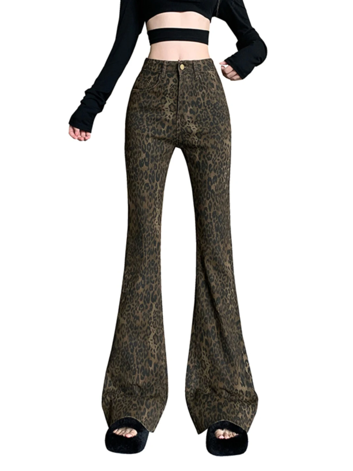 High Waist Slim Fit Bell Bottom Denim Jeans Women's Autumn Long Tapered Leopard Print Pants Comfortable Breathable Casual Jeans