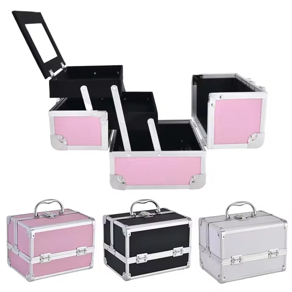 Makeup Case Handheld Aluminum Alloy Storage Box Large Capacity With Mirror Professional Makeup Artist Portable Makeup Toolbox