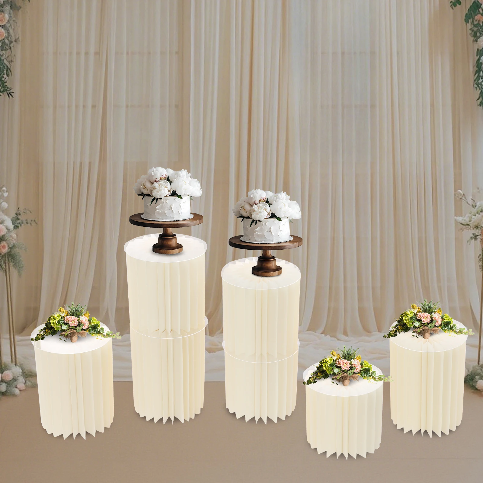 7PCS Wedding Party Flower Stand Cylinder Foldable Cardboard Centerpiece Table Paper Column Display Stand with PVC Panel for Wedding Dessert Flower Load 25kg/55 lbs