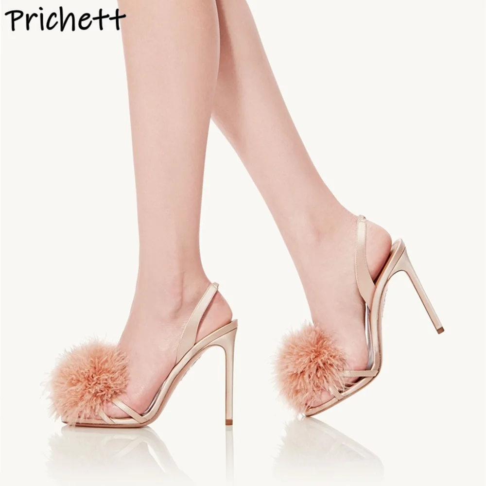 

Furry Ball Sandals Back Strap Thin Heels Round Toe Slingback Slip On Women's Summer Shoes Fashion Soft Concise Sexy Party Shoes