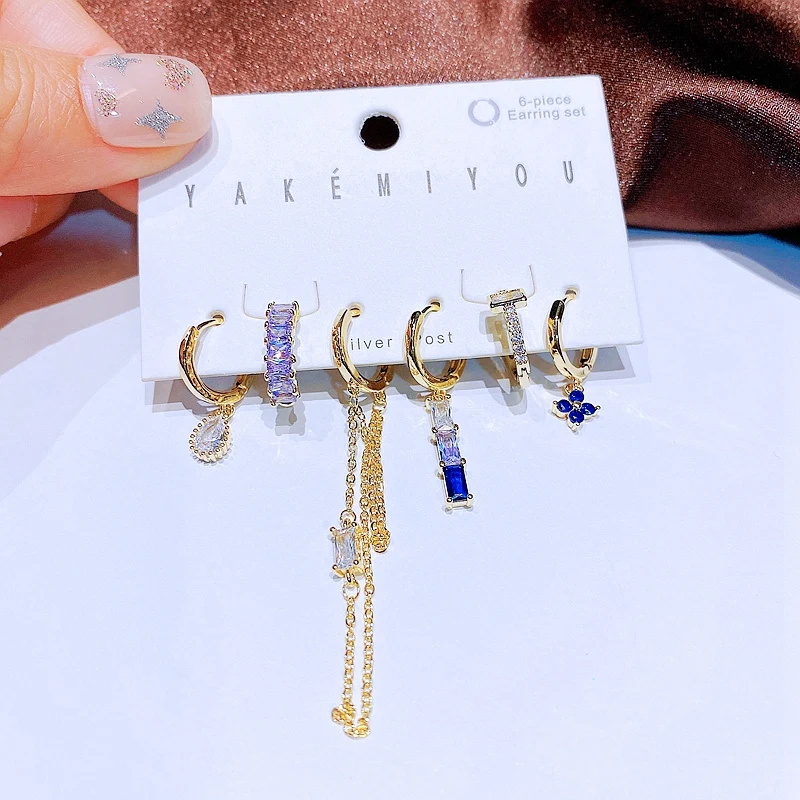 6pcs Purple Blue Stone Geometric Hoop Earrings Set for Women Gold Cubic Zircon Jewelry