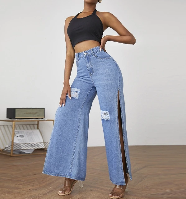 Women's Demin Jeans 2023 Spring Fashion Ripped Side Slit Casual High Waist Pocket Design Daily Wide Leg Jeans Y2K Streetwear