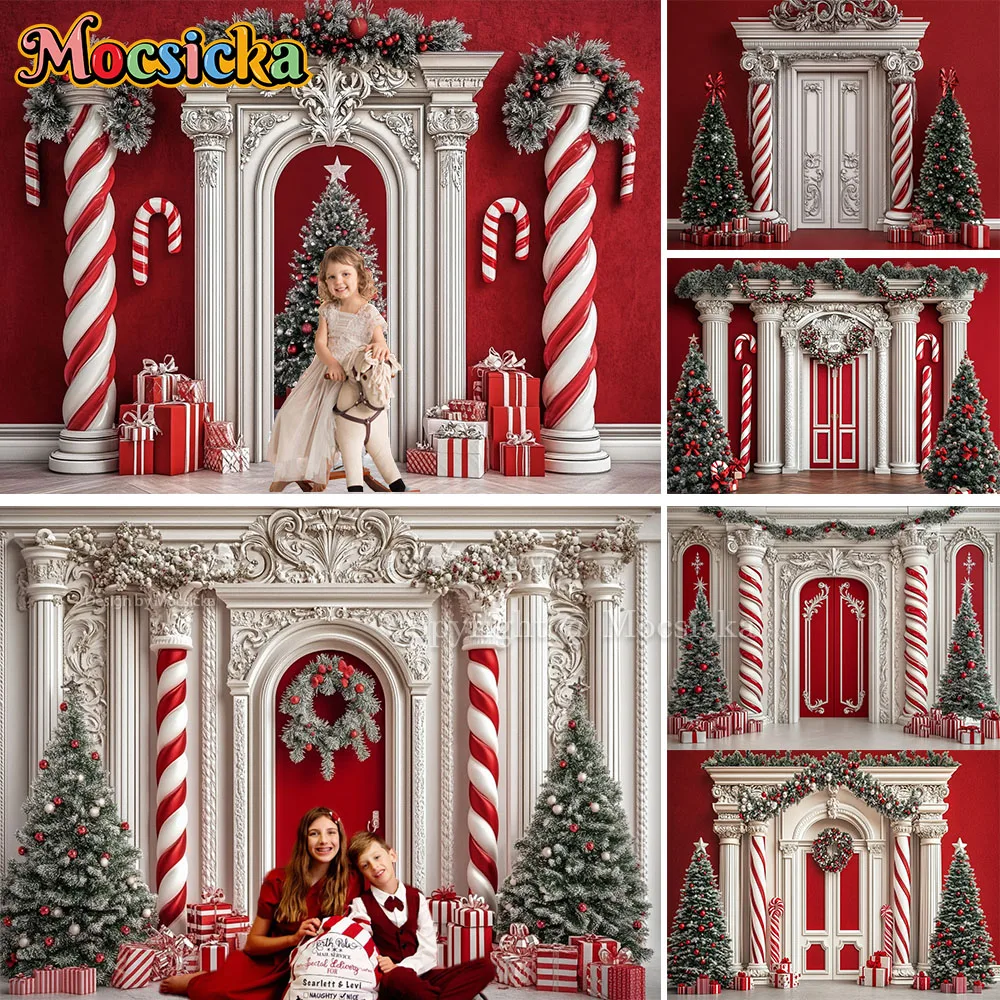 Mocsicka Eleganter weißer Weihnachts-Türhintergrund für Fotografie, Zuckerstange, Schloss, Weihnachtsbaum, Geschenk, Hintergrund für Winter, Kinder, Fotostudio