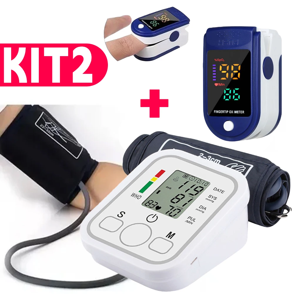 Kit Monitoramento Saude em Casa Oximetro Digital e Monitor Pressao Arterial Braco Adulto Para Acompanhamento Diario Familiar