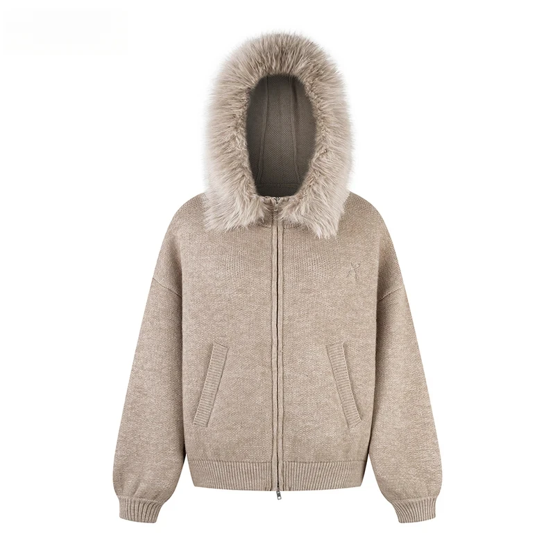 

Embroidery Hooded Sweatercoat Mens Removable Fur Collar Autumn Winter Retro Casual Loose Long Sleeve Knitted Cardigan Man