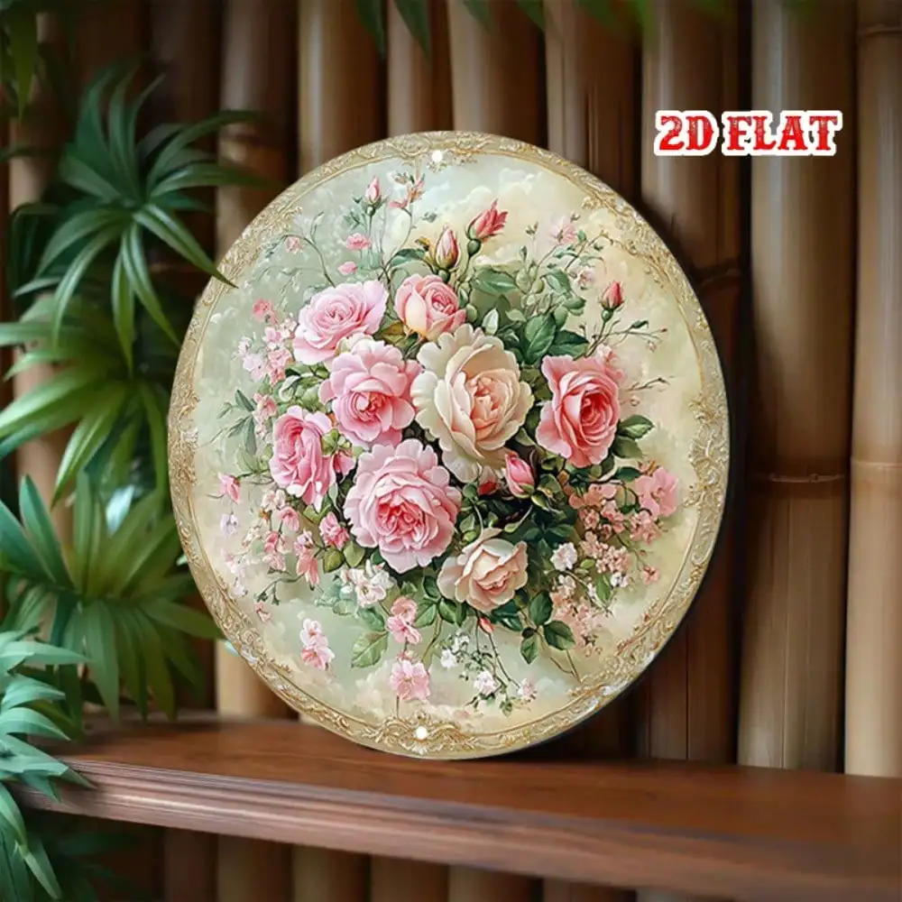 Vintage Round Metal Sign Pink Roses Gold Trim Retro Wall Art Home Decor