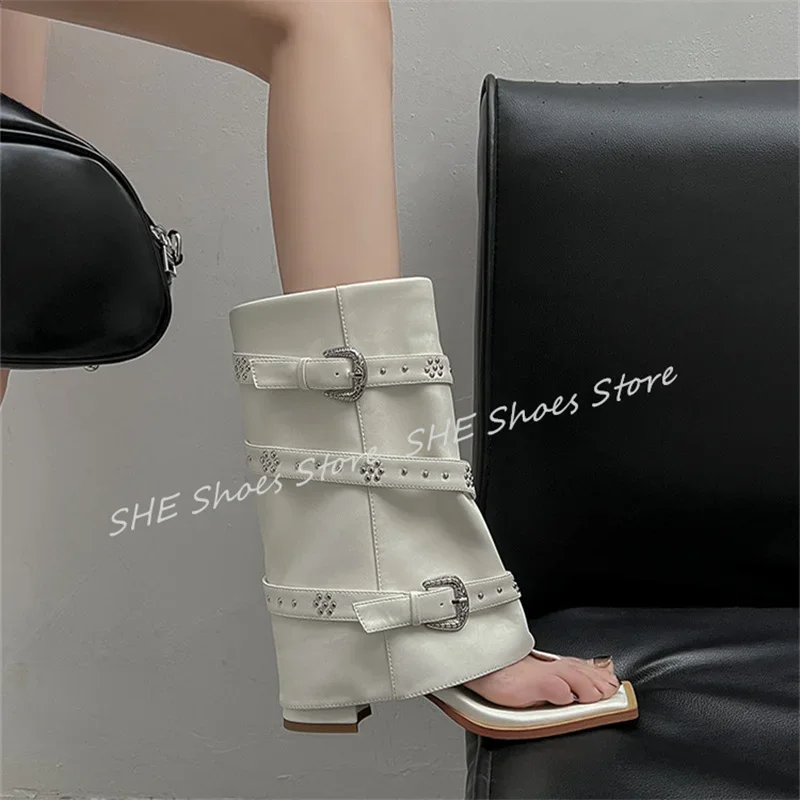 

Punk Rivet Belt Buckle Decor Women Sandals Peep Toe Flip Flops Trouser tube Summer Cool Boots Ladies High Heel Gladiator Shoes