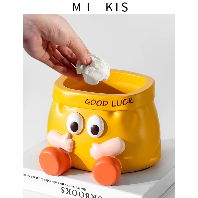 

Creative Cartoon Ceramic Desktop Trash Can Small Table Size Living Room Bedroom Home Use round Shape Resin Body No Cover