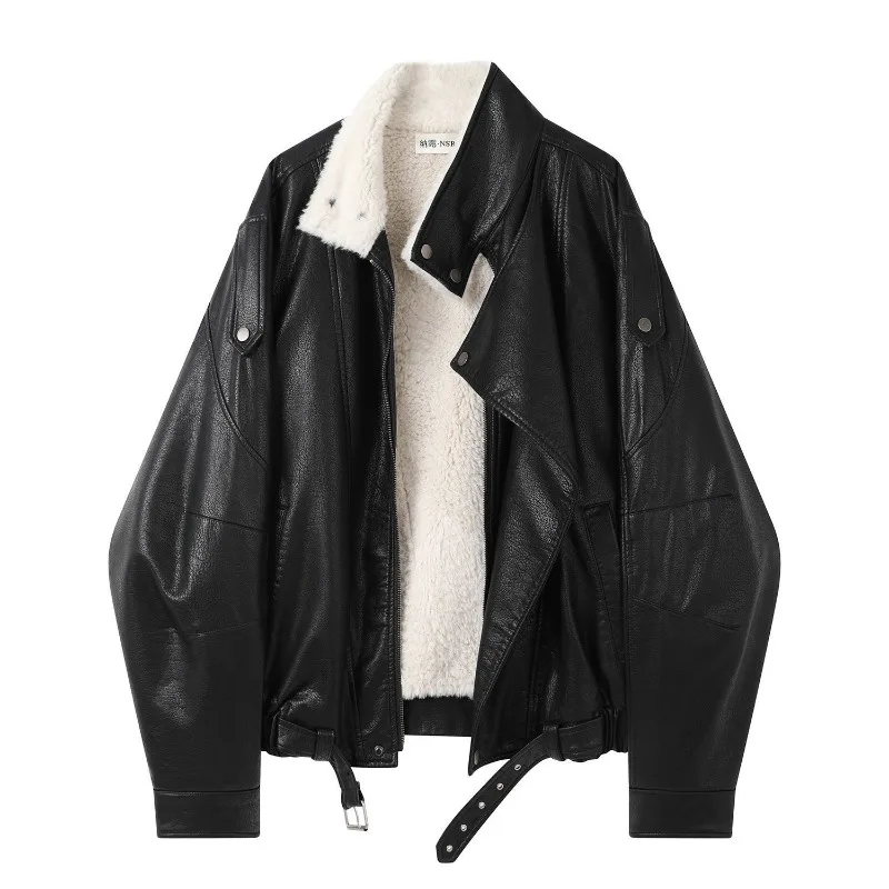 Retro Maillard Fleece Stand-up Collar Short Black Leather Winter American Motorcycle Lambskin Jacket Fashion Warm Women Clothing