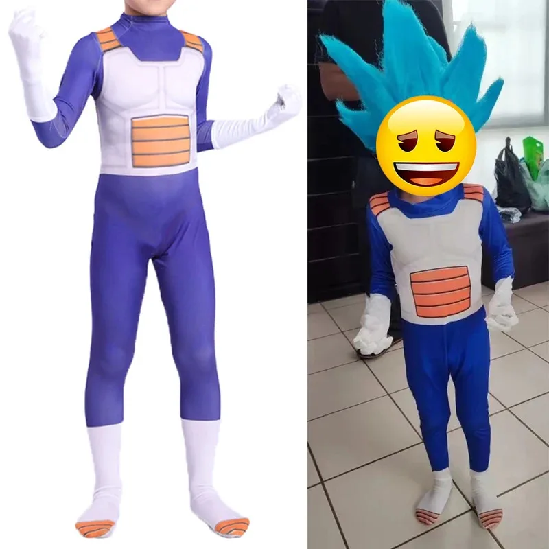 

Anime Kids Adult Battle Suit Torankusu Vegeta Boy Cosplay Costume Superhero Spandex with Blue Gold Black Hair Birthday Gift