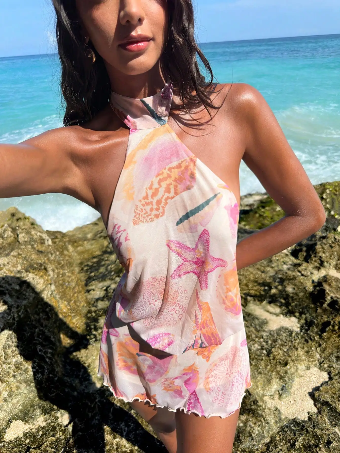 

Пляжное мини-платье с завязками на шее и принтом в виде морских звезд, легкое летнее платье для отпуска и вечеринок