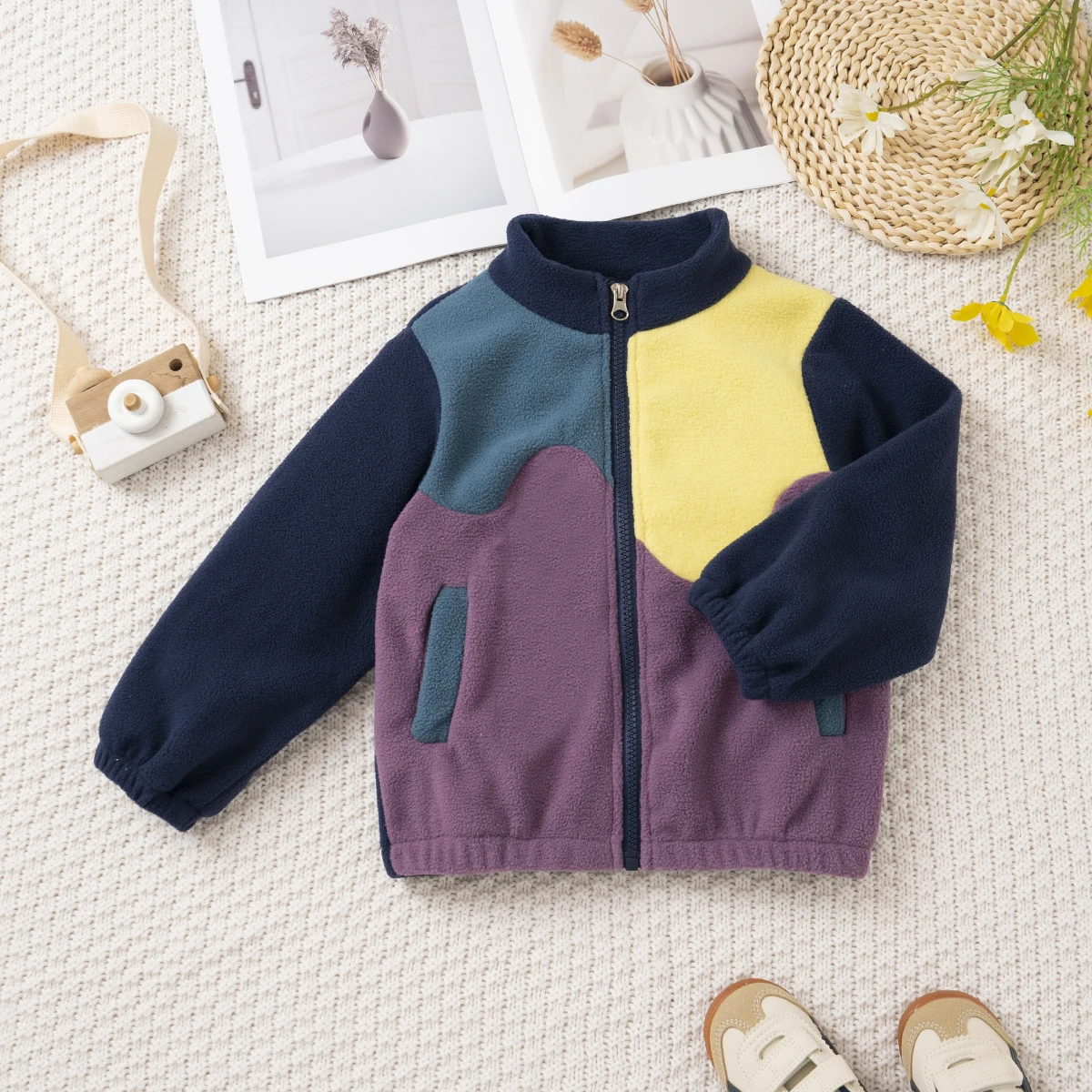 Kids Fleece Jacket Boys Girls Winter Color Block Stand Collar Zip Up Hoodie Soft Warm Knitted Outerwear Children Coat