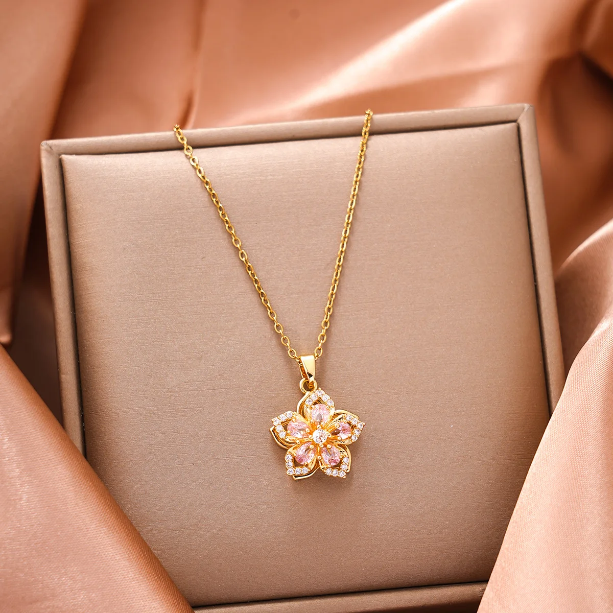 Gold color Stainless Steel Rotatable Flower Zirconia Pendant Necklace Charm - Romantic Luxury Jewelry for Women And Girls image 2