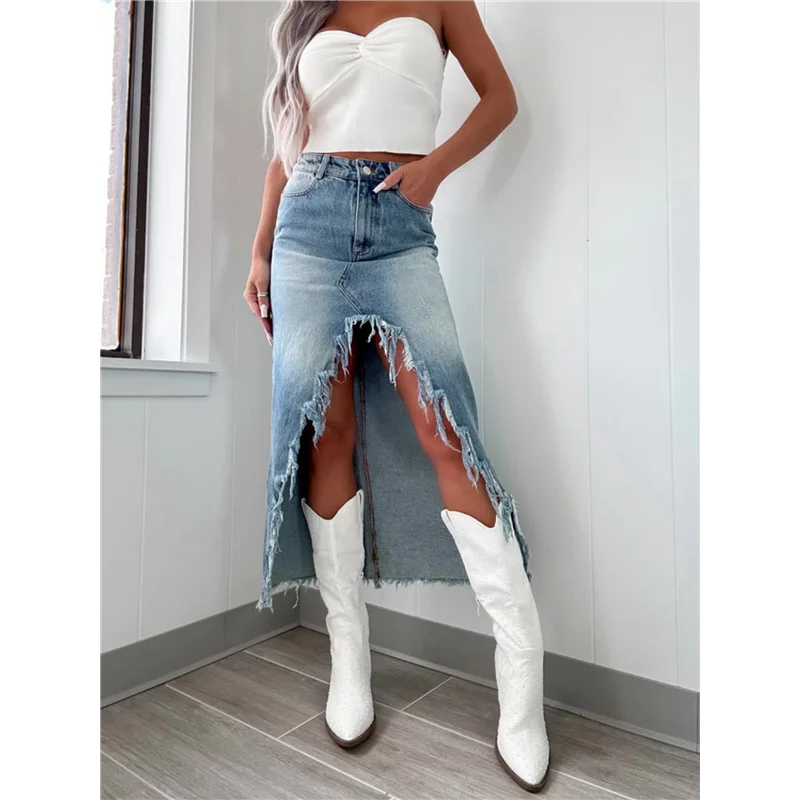 

NEW-Womens Casual Slit Denim Midi Jean Skirt High Waist Frayed Distressed Button A-Line Long Jean Skirt